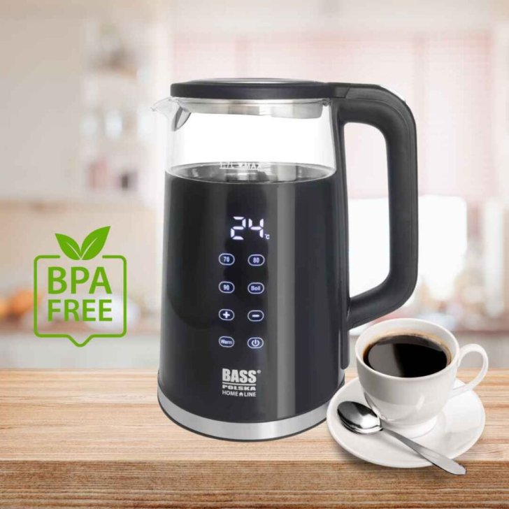 Stikla elektriskā tējkanna ar termo vāku un temperatūras kontroli 1,7 l