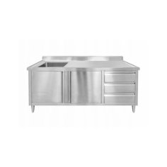 Skapītis 180 cm ar izlietni un atvilktnēm, pilnībā no nerūsējošā tērauda