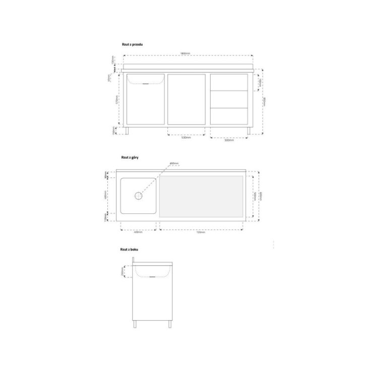 Skapītis 180 cm ar izlietni un atvilktnēm, pilnībā no nerūsējošā tērauda