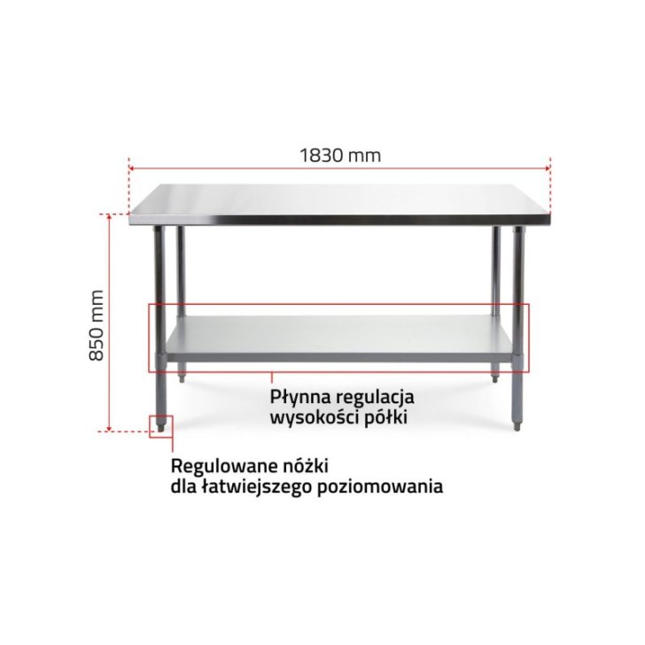 Darba galds 180x60 cm ar nerūsējošā tērauda virsmu ar regulējamu plauktu