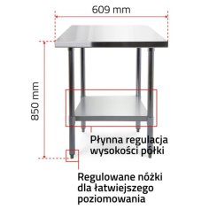 Darba galds 60x60 cm ar nerūsējošā tērauda virsmu ar regulējamu plauktu 2