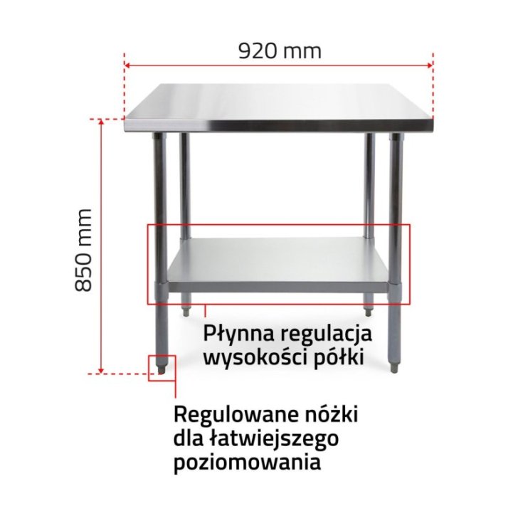 Darba galds ar 90x60 cm nerūsējošā tērauda virsmu - regulējams plaukta augstums