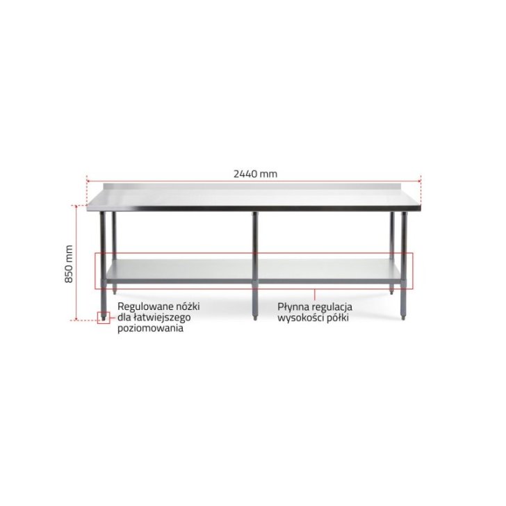 Darba galds ar 240x60 cm nerūsējošā tērauda virsmu ar regulējamu plauktu
