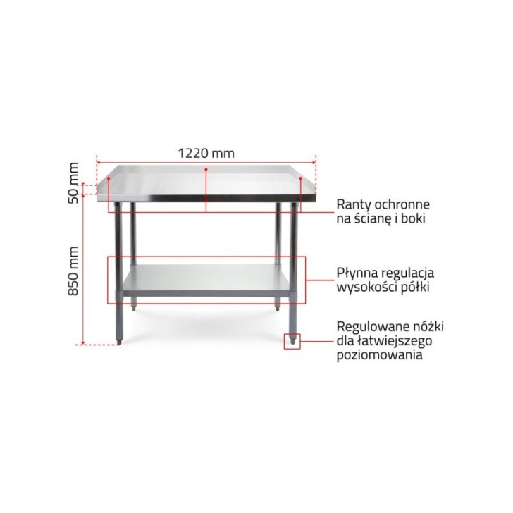 Darba galds 1200x600 mm ar 3 malām, nerūsējošā tērauda virsma ar regulējamu plauktu