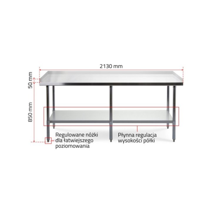Darba galds ar 3 malām, 210x60 cm nerūsējošā tērauda virsma ar regulējamu plauktu