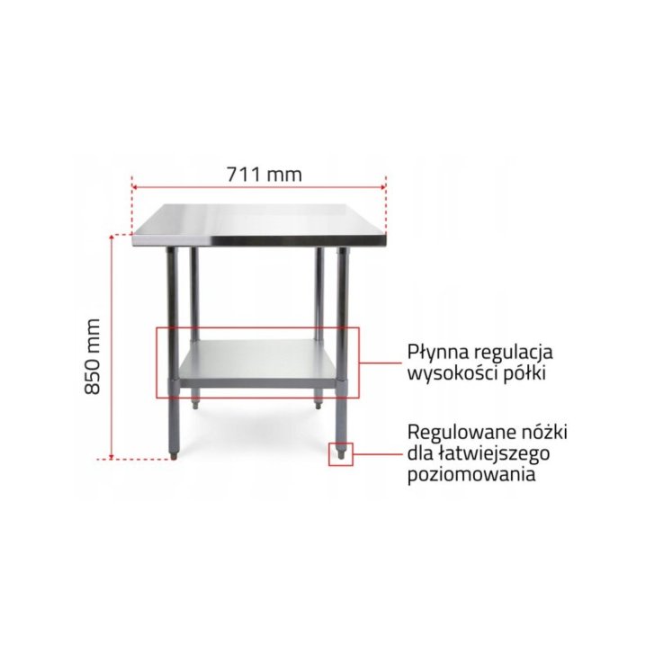 Darba galds ar 70x70 cm nerūsējošā tērauda virsmu - regulējams plaukts