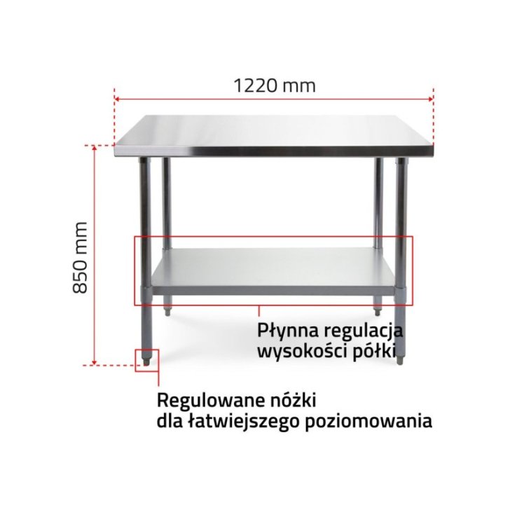 Darba galds ar 120x70 cm nerūsējošā tērauda virsmu ar regulējamu plauktu