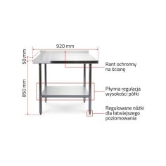 Darba galds ar 90x70 cm nerūsējošā tērauda virsmu ar sienas malu 2