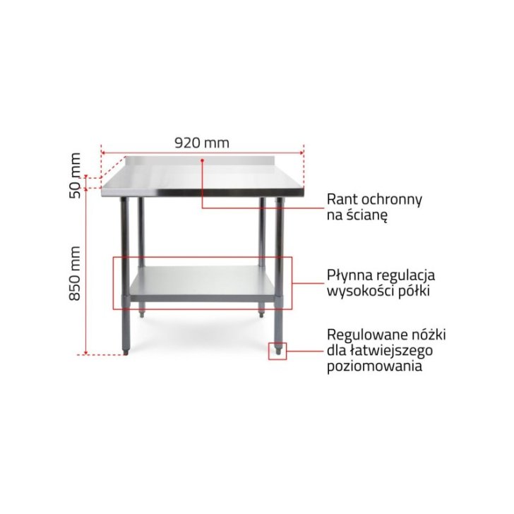 Darba galds ar 90x70 cm nerūsējošā tērauda virsmu ar sienas malu