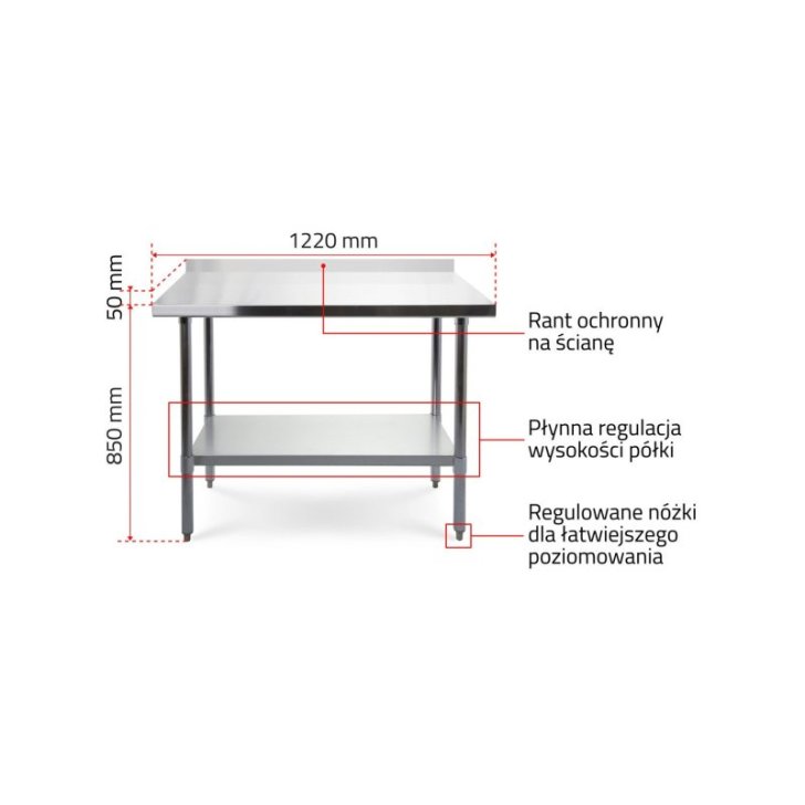Darba galds ar 120x70 cm nerūsējošā tērauda virsmu ar sienas aizsargmalu