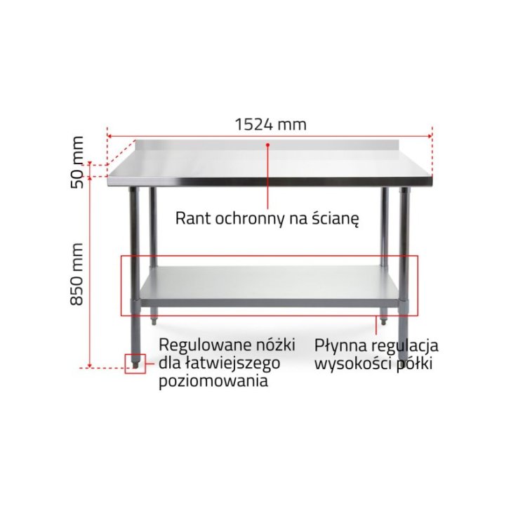 Darba galds, 150x70 cm nerūsējošā tērauda virsma + plaukta regulēšana