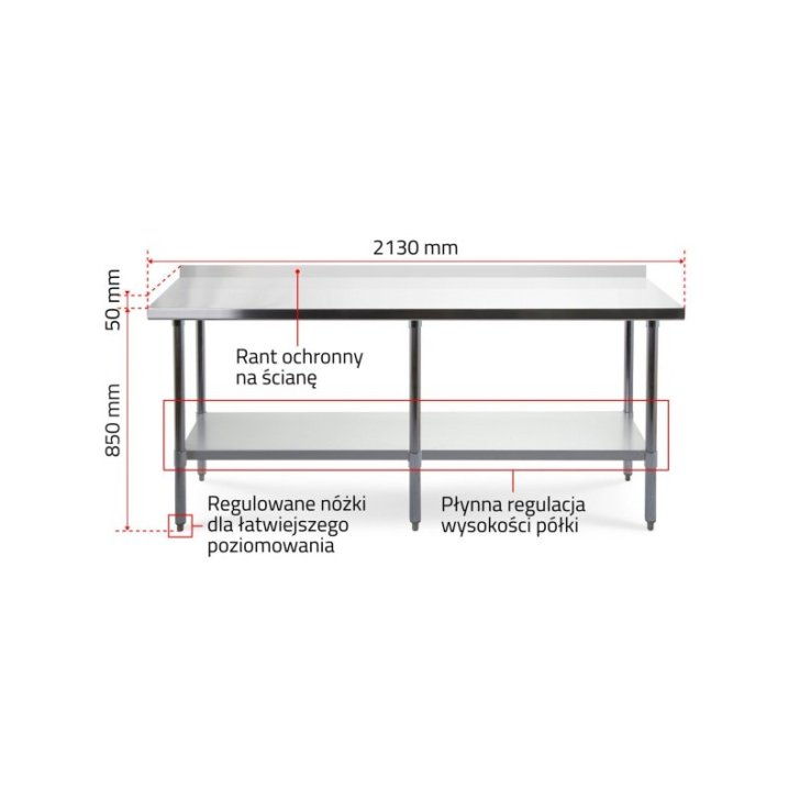 Darba galds ar aizsargmalu, 210x70 cm nerūsējošā tērauda virsma