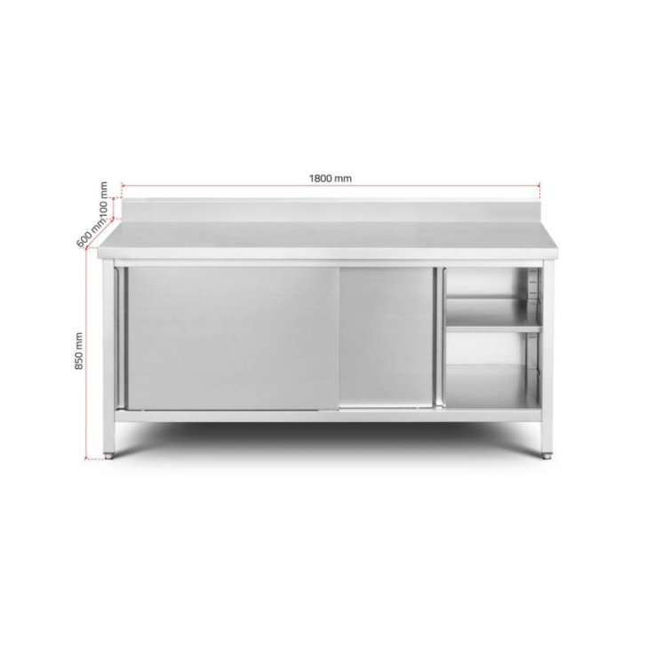 Skapītis ar sienas malu 180 cm ar nerūsējošā tērauda darba virsmu ar bīdāmām durvīm