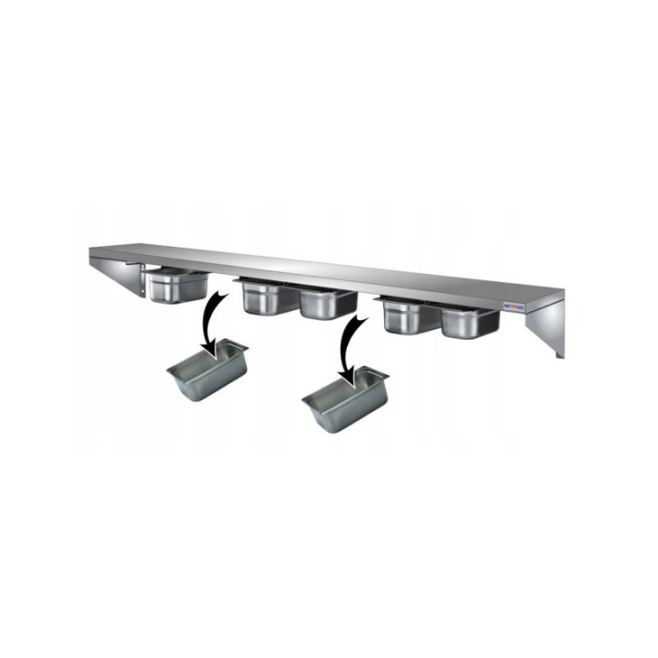 Gastronomijas plaukts 150 cm ar 7 GN 1/4 konteineriem no nerūsējošā tērauda