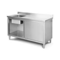 Darba galds ar izlietni 150 cm no nerūsējošā tērauda ar notekpaplāti un sienas malu