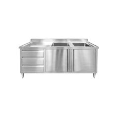 Skapītis 180 cm ar divu nodalījumu izlietni un atvilktnēm, pilnībā no nerūsējošā tērauda