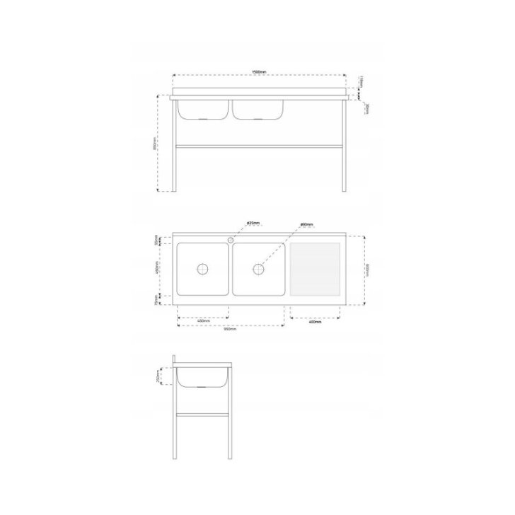 Divu nodalījumu izlietne ar notekpaplāti 150 cm, vanna no nerūsējošā tērauda ar regulējamu plauktu