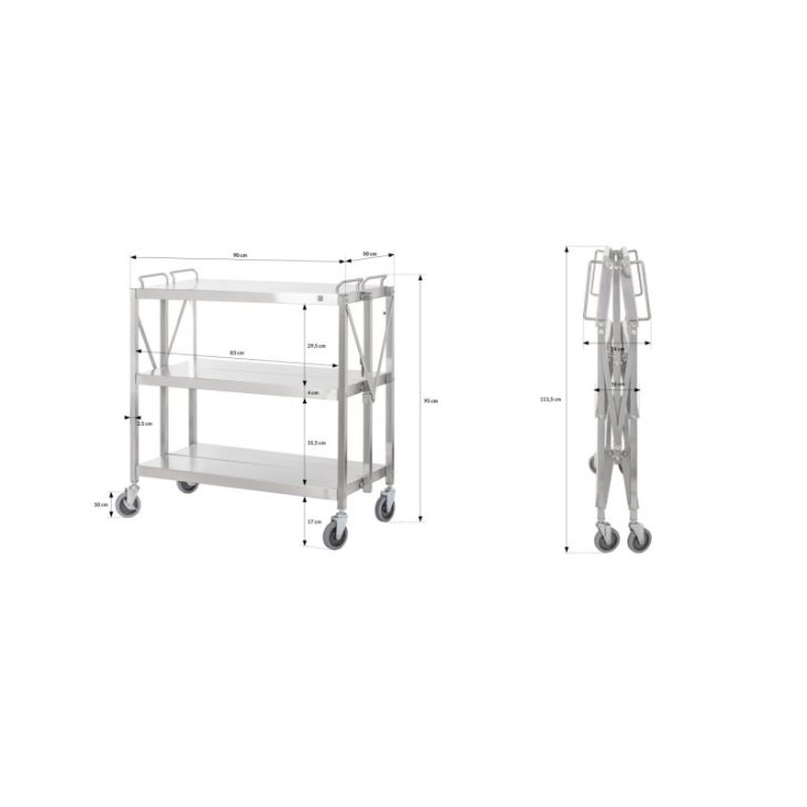 Oficianta ratiņi, saliekamie, no nerūsējošā tērauda, 90x50 cm, 90 kg, riteņi ar bremzēm